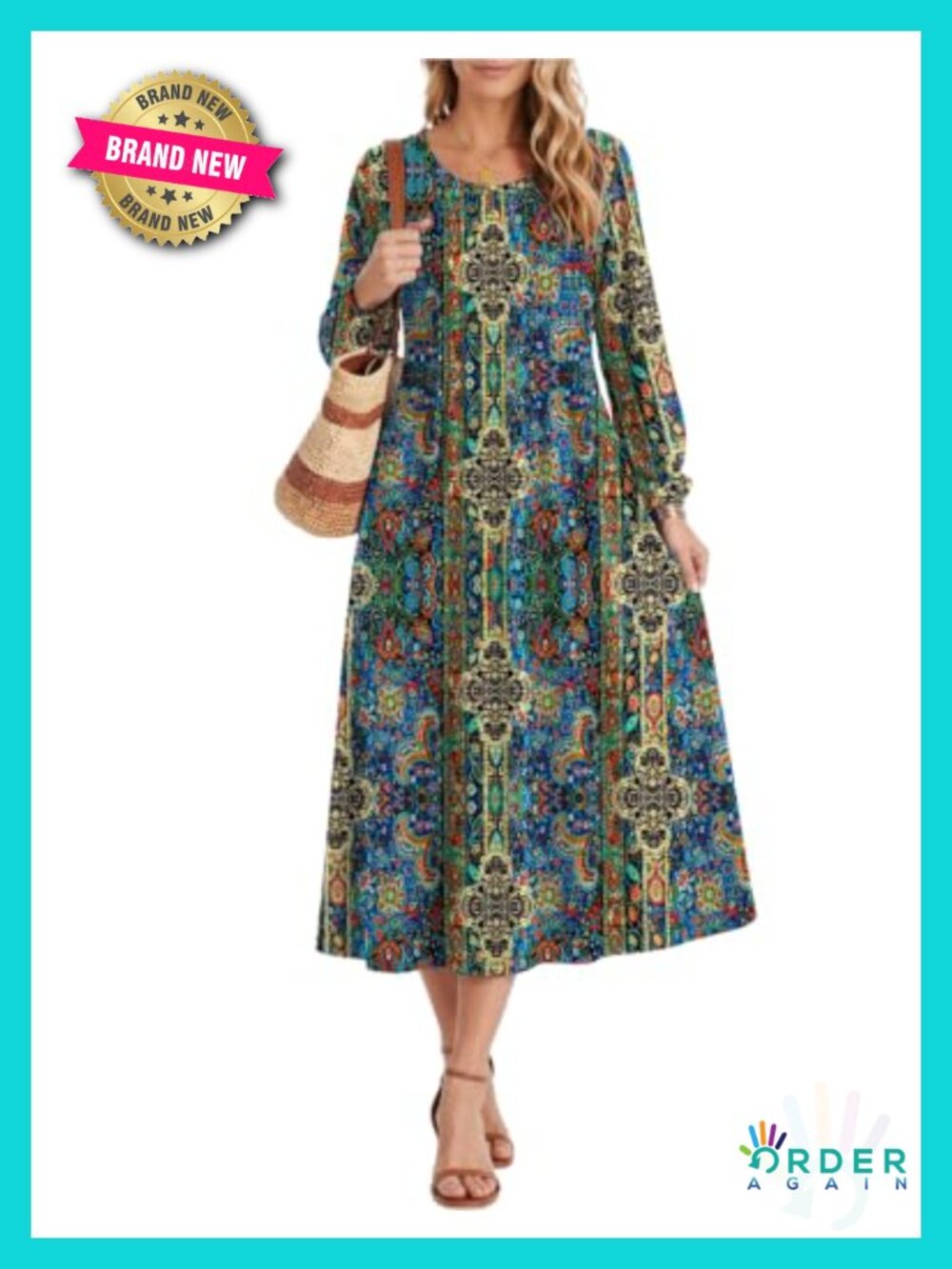 Long Sleeve Midi Dress Casual A Line Pleated Flare Pockets